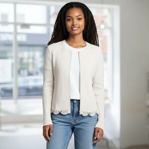 CYNTHIA ROWLEY L White Cotton Ribbed Sweater Shrug Cardigan Lace Scallop R $198